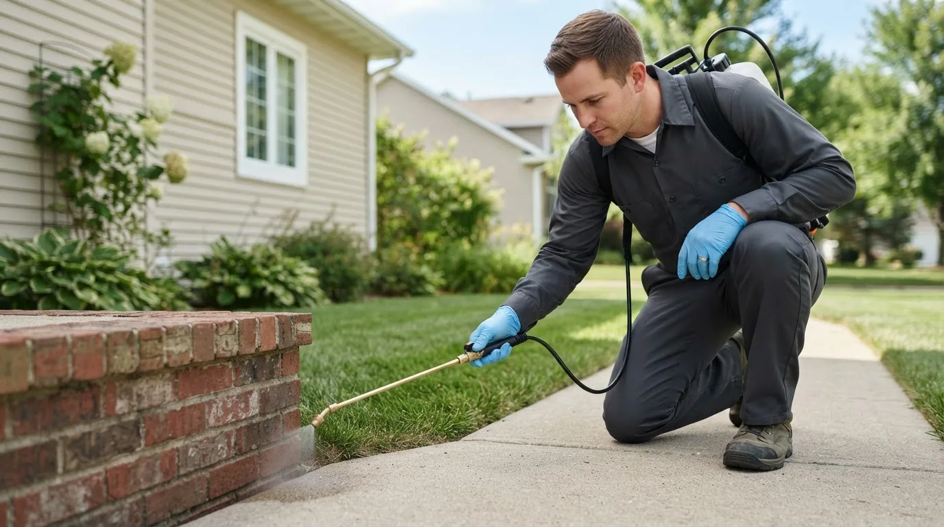 Pest control technician treating a home near Sodus, NY